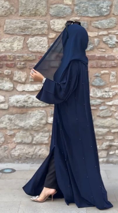 Abaya Perlé avec son châle - Bleu marine