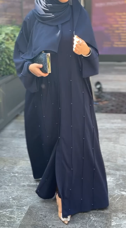 Abaya Perlé avec son châle - Bleu marine
