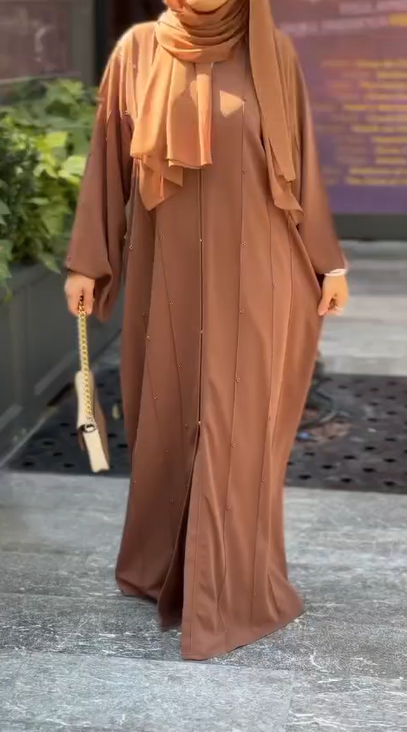 Abaya Perlé avec son châle - Marron